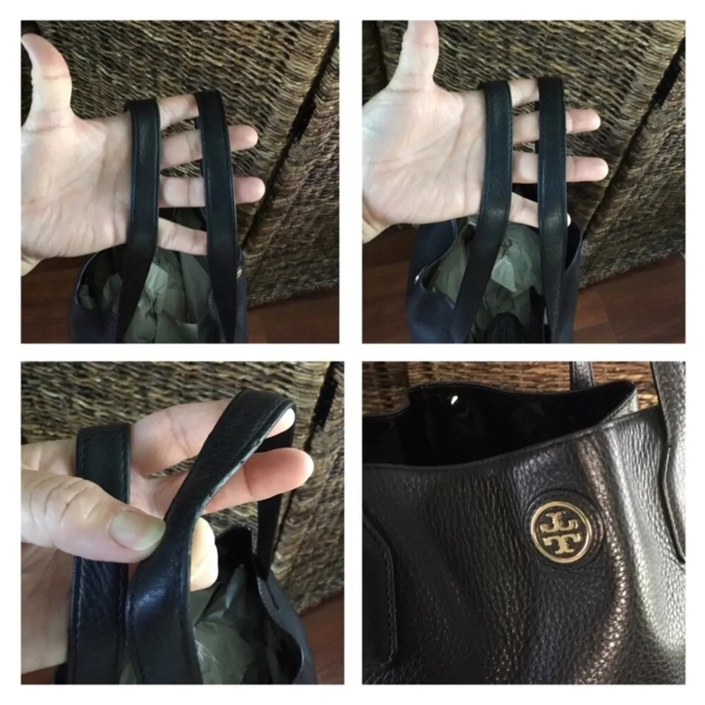 TORY BURCH MICHELLE BLACK PEBBLED LEATHER BUCKET TOTE BLACK GOLD LOGO